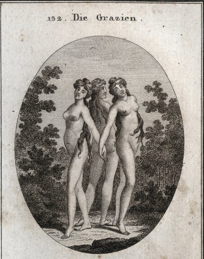 Alegoría de las gracias. Las tres gracias: Eufrosina significando alegría y contento, Aglaya simbolizando belleza imponente y Talía deleite. Grabado en "Iconologie oder Ideen aus dem Gebiete der Leidenschaften und Allegorien" de Austrian School