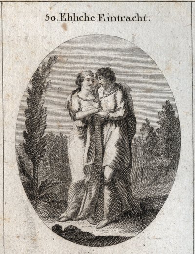 Alegoría de la armonía en el matrimonio. Una pareja se besa, una cadena de oro cuelga alrededor de su cuello y un corazón que sostienen cada uno con una mano. Grabado en 