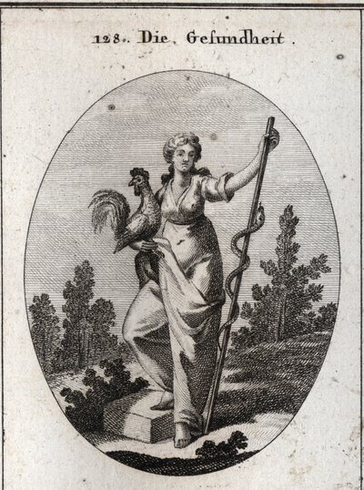 Alegoría de la salud representada por una mujer fuerte que sostiene un gallo, animal consagrado a Esculapio, dios de la medicina. Ella sostiene un bastón alrededor del cual hay una serpiente (decidua), animal menos propenso a enfermedades. Grabado en “Icon de Austrian School