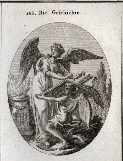Alegoría de la historia. Sus acciones de escuchar y escribir en un gran libro sostenido por el tiempo significan la acción de informarse para retranscribir la memoria de cosas pasadas. Grabado en “Iconologie oder Ideen aus dem Gebiete der Leidenschaften un de Austrian School