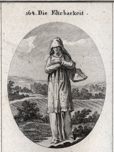 Alegoría de la honestidad. Sus ojos están cubiertos por un velo que oculta la mitad de su rostro porque los ojos son el espejo del alma y el primer sentido por el cual se corrompe. Grabado en “Iconologie oder Ideen aus dem Gebiete der Leidenschaften und Al de Austrian School