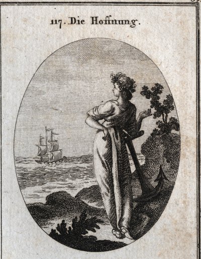 Alegoría de la esperanza descansando en un ancla y observando un barco en el horizonte. Grabado en "Iconologie oder Ideen aus dem Gebiete der Leidenschaften und Allegorien" de Austrian School