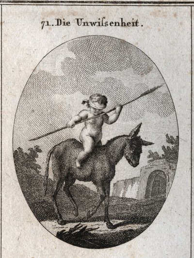 Alegoría de la ignorancia representada por un niño montado en un burro, sus ojos vendados con una caña (simbolizando el cerebro vacío). Grabado en "Iconologie oder Ideen aus dem Gebiete der Leidenschaften und Allegorien bildich dargestellt fur Zeichner, Ma de Austrian School