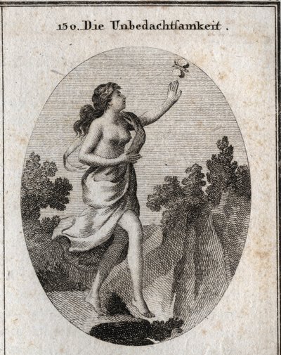 Alegoría de la inconsideración. Ella camina mirando una mariposa sin ver que hay un precipicio a sus pies. El compás y las reglas muestran que no guarda ni conoce ninguna medida. Grabado en "Iconologie oder Ideen aus dem Gebiete der Leidenschaften und Alle de Austrian School