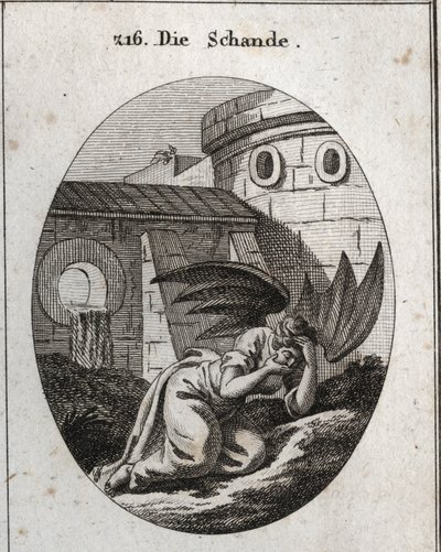 Alegoría de la infamia cubriéndose el rostro con las manos y sus atributos son dos grandes alas negras de murciélago. Grabado en “Iconologie oder Ideen aus dem Gebiete der Leidenschaften und Allegorien bildich dargestellt fur Zeichner, Mahler, Dichter, Gel de Austrian School