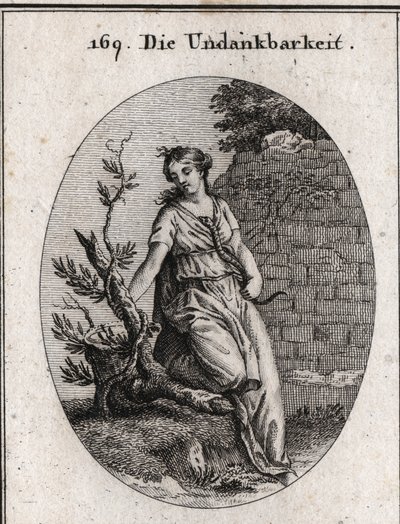 Alegoría de la ingratitud. Una mujer que calienta una serpiente en su pecho es mordida. La rama de hiedra es el símbolo de la ingratitud ya que destruye lo que le sirve de apoyo para elevarse. Grabado en “Iconologie oder Ideen aus dem Gebiete der Leidensch de Austrian School