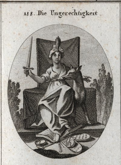 Alegoría de la injusticia. Ella sostiene una espada que levanta y a sus pies están las tablas de las leyes divinas y el libro de las voces humanas y las balanzas de la justicia que están rotas. El lobo es el símbolo de la crueldad, el saqueo y la avaricia. de Austrian School