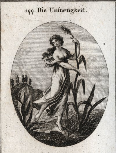 Alegoría de la inestabilidad agitada por el viento. Se apoya con ambas manos en una caña frágil y solo coloca un pie sobre una bola. Grabado en "Iconologie oder Ideen aus dem Gebiete der Leidenschaften und Allegorien bildich dargestellt fur Zeichner, Mahle de Austrian School