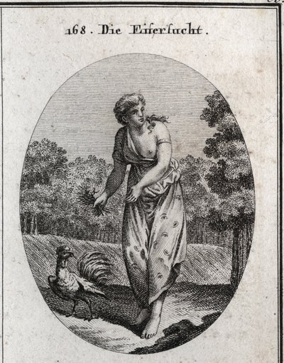 Alegoría de los celos estirando la oreja por un lado y observando lo que sucede por el otro. Su vestido está salpicado de ojos y oídos y el ramo de espinas que sostiene indica que su tormento es voluntario. El gallo, celoso y vigilante, es su símbolo. Grab de Austrian School