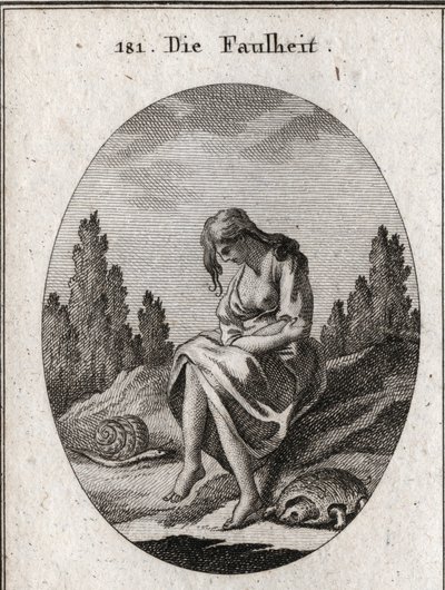 Alegoría de la pereza. Ella sostiene sus brazos cruzados. Su atributo es una tortuga y una babosa. Grabado en “Iconologie oder Ideen aus dem Gebiete der Leidenschaften und Allegorien bildich dargestellt fur Zeichner, Mahler, Dichter, Gelehrte, Erzieher und de Austrian School