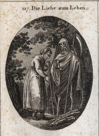 Alegoría del amor por la vida. Una anciana llama a la muerte para que la ayude a poner sus bancos de madera en su cabeza. Grabado en “Iconologie oder Ideen aus dem Gebiete der Leidenschaften und Allegorien bildich dargestellt fur Zeichner, Mahler, Dichter, de Austrian School