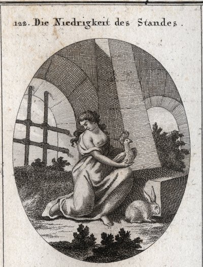Alegoría de la bajeza (o abyección). Sus atributos son la abubilla que se alimenta de excrementos y el conejo que es un animal tímido. Grabado en “Iconologie oder Ideen aus dem Gebiete der Leidenschaften und Allegorien bildich dargestellt fur Zeichner, Mah de Austrian School
