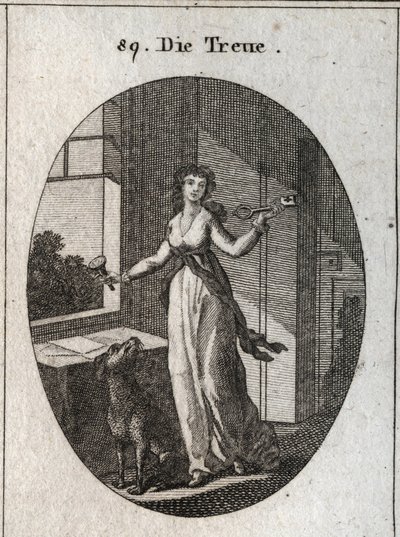 Alegoría de la lealtad cuyos símbolos son la llave, el sello y el perro. Grabado en "Iconologie oder Ideen aus dem Gebiete der Leidenschaften und Allegorien bildich dargestellt fur Zeichner, Mahler, Dichter, Gelehrte, Erzieher und freunde Hoherer Geschmack de Austrian School