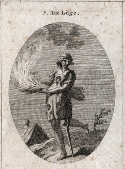 Alegoría de la mentira representa fealdad, mal cabello y malas ropas. Su vestimenta está llena de lenguas y máscaras. La paja ardiente ilustra la falta de subsistencia de sus palabras y la pierna de madera, la poca solidez. Grabado en 