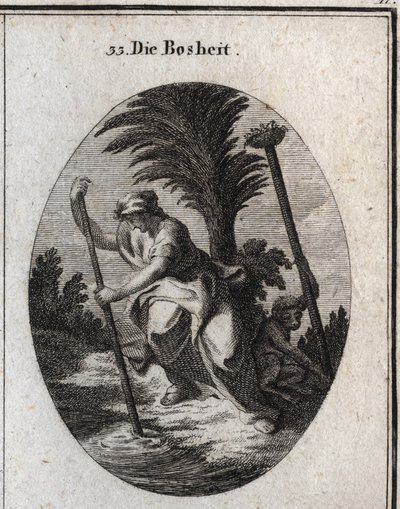 Alegoría de la malignidad. Ella sostiene un palo con el que está perturbando el agua del estanque. El mono, su atributo, desarraiga una estaca para derribar el nido de pájaros que está en la cima. Grabado en "Iconologie oder Ideen aus dem Gebiete der Leide de Austrian School