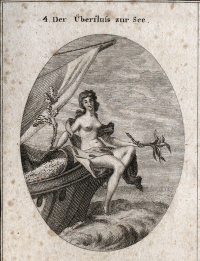 Alegoría de la abundancia marítima representada por Ceres sentada en la proa de un barco. Ella sostiene un ramo de cáñamo, una rama de rodilla en la que están adheridos capullos de gusanos de seda. Está apoyada en granos que cuelgan en la parte trasera del de Austrian School