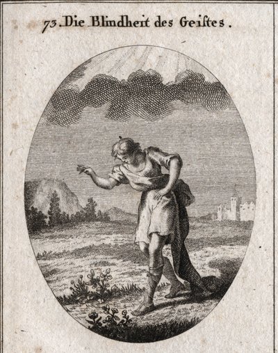 Alegoría de la ceguera mental. Un joven mira las flores en un prado aludiendo a los deleites de la tierra que reponen el alma y la ocupan sin ningún provecho. Una nube detiene la luz de perforar su mente. Grabado en “Iconologie oder Ideen de Austrian School