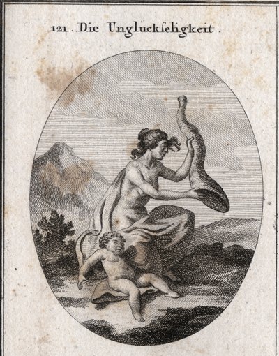 Alegoría de la desgracia representada escasa y extensa. Sus atributos son un cuerno de la abundancia que sacude y está vacío, y un niño muriendo de hambre. Grabado en “Iconologie oder Ideen aus dem Gebiete der Leidenschaften und Allegorien” de Austrian School