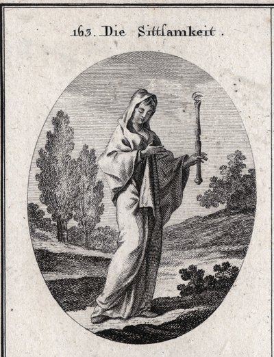 Alegoría de la modestia. Ella sostiene un cetro sobre el cual hay un ojo que significa que la modestia debe ser previsora consigo misma. Grabado en “Iconologie oder Ideen aus dem Gebiete der Leidenschaften und Allegorien bildich dargestellt fur Zeichner, M de Austrian School