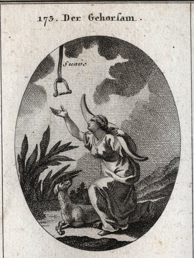 Alegoría de la obediencia. Ella lleva un yugo sobre sus hombros y avanza para recibir un freno que desciende del cielo abierto en el que se lee la palabra “suave”. El perro es su atributo. Grabado en “Iconologie oder Ideen aus dem Gebiete der Leidenschafte de Austrian School