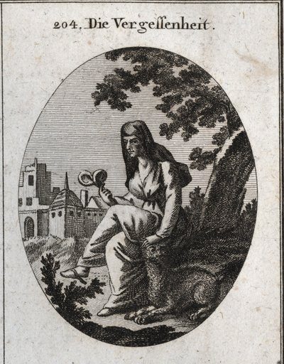 Alegoría del olvido. Ella sostiene una planta de mandrágora, poderoso narcótico. El lince es el animal dedicado a Baco. Grabado en "Iconologie oder Ideen aus dem Gebiete der Leidenschaften und Allegorien bildich dargestellt fur Zeichner, Mahler, Dichter, G de Austrian School