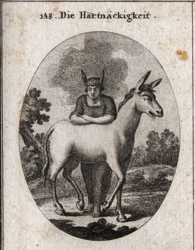 Alegoría de la obstinación apoyada en una mula. Las orejas de burro en su cabeza son el emblema de la ignorancia y la terquedad. El vapor alrededor de su cabeza significa que su inteligencia está oscurecida. Grabado en "Iconologie oder Ideen aus dem Gebiet de Austrian School