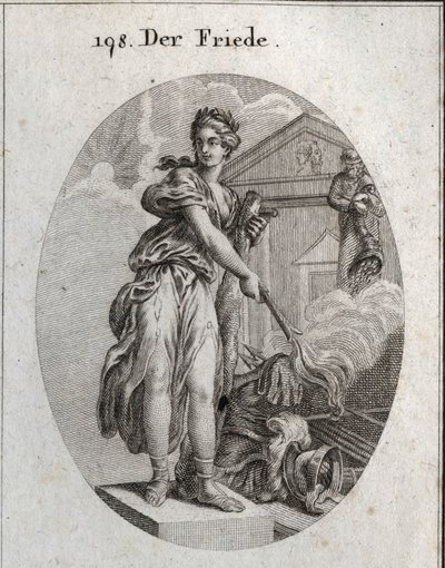 Alegoría de la paz. Ella lleva una corona de olivos y sostiene un garrote mientras quema con una antorcha un trofeo de armas. Detrás de ella, la estatua de Plutus significa que la abundancia y la riqueza son sus beneficios. Grabado en “Iconologie oder Idee de Austrian School