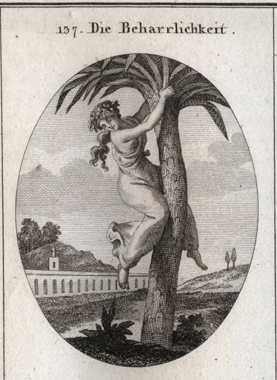 Alegoría de la perseverancia. La palmera, a la que una joven está atada, es el símbolo de la virtud. Ella mira la tierra con desdén. Grabado en 