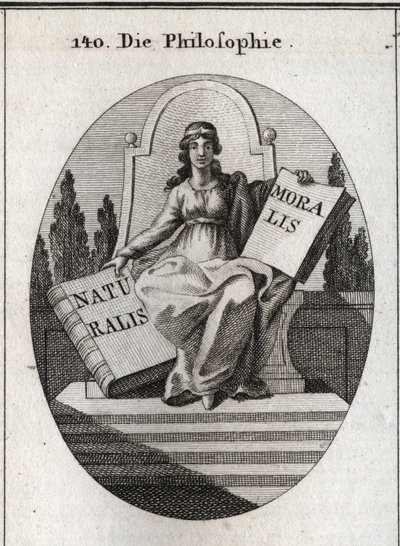 Alegoría de la filosofía sentada en un trono de mármol sobre varios escalones. Tiene un diadema dorado en la frente y sostiene dos libros abiertos “Naturalis” (Naturaleza) y “Moralis” (Moral). Grabado en “Iconologie oder Ideen aus dem Gebiete der Leidensch de Austrian School