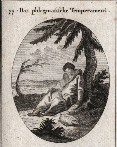 Alegoría del temperamento flemático. La tortuga es el atributo de su lentitud. Grabado en "Iconologie oder Ideen aus dem Gebiete der Leidenschaften und Allegorien" de Austrian School