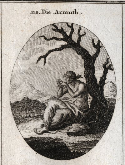 Alegoría de la pobreza sentada al pie de un árbol seco que crece en terreno árido. Sus pies y manos están atados y ella intenta desatar sus lazos con los dientes; Grabado en “Iconologie oder Ideen aus dem Gebiete der Leidenschaften und Allegorien bildich d de Austrian School