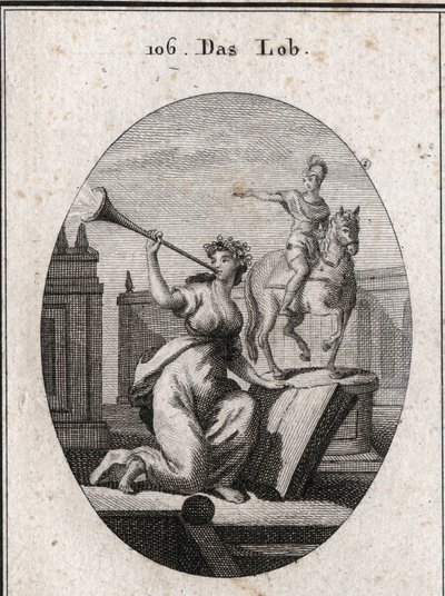 Alegoría del elogio sosteniendo un libro para mostrar que pasa a la posteridad a través de la ayuda de las escrituras. Suena una trompeta de la que sale el resplandor de la fama. La estatua ecuestre está allí para el elogio de los héroes. Grabado en “Icono de Austrian School