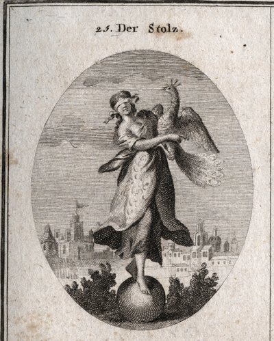Alegoría del orgullo representada por una joven con una venda en los ojos colocada sobre una bola emblema de su poca solidez. El pavo real simboliza el espíritu soberbio. La rica vestimenta cubre sus pobres ropas para mostrar el exterior. Grabado en Iconol de Austrian School