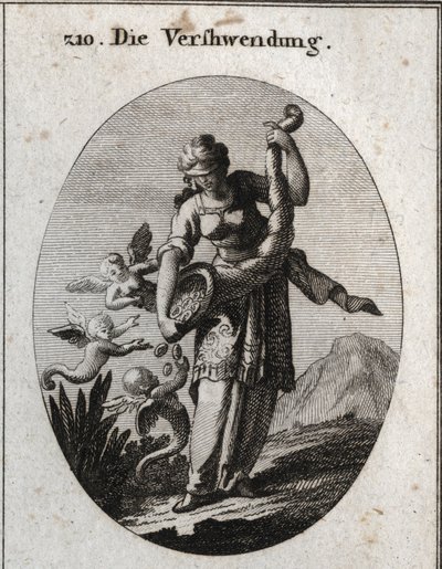 Alegoría de la prodigalidad representada con una venda en los ojos y agitando un cuerno de la abundancia de donde caen plata y joyas que las arpías toman con avidez. Grabado en 