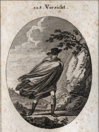 Alegoría de la providencia. Expresión: Cuando hace buen tiempo, lleva tu abrigo, cuando llueve, llévalo, si quieres. Grabado en “Iconologie oder Ideen aus dem Gebiete der Leidenschaften und Allegorien bildich dargestellt fur Zeichner, Mahler, Dichter, Gele de Austrian School
