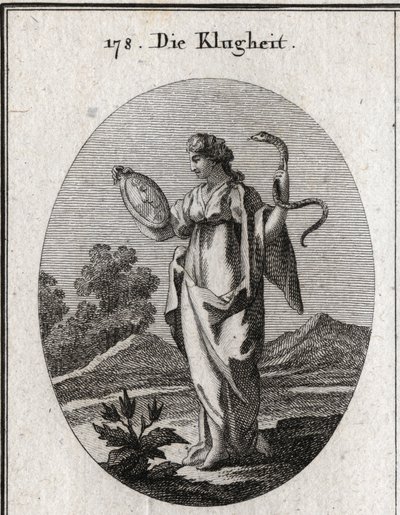 Alegoría de la prudencia, sus atributos ordinarios son el espejo y la serpiente. Tiene dos caras, una joven para la anticipación del futuro y una vieja para la consideración del pasado. Grabado en "Iconologie oder Ideen aus dem Gebiete der Leidenschaften u de Austrian School