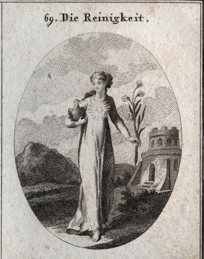 Alegoría de la pureza. Sus atributos son la paloma y el lirio, símbolos de candor. Grabado en “Iconologie oder Ideen aus dem Gebiete der Leidenschaften und Allegorien bildich dargestellt fur Zeichner, Mahler, Dichter, Gelehrte, Erzieher und freunde Hoher de Austrian School