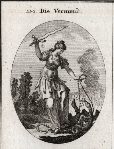 Alegoría de la razón, sostiene una espada llameante con la que amenaza los vicios representados por serpientes que sostiene con cadenas. Grabado en “Iconologie oder Ideen aus dem Gebiete der Leidenschaften und Allegorien bildich dargestellt fur Zeichner, M de Austrian School