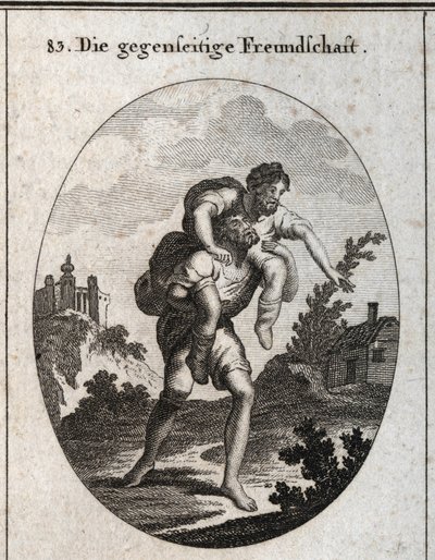 Alegoría de la amistad recíproca. Un ciego es guiado por la voz de un hombre mutilado sobre sus hombros. Grabado en “Iconologie oder Ideen aus dem Gebiete der Leidenschaften und Allegorien bildich dargestellt fur Zeichner, Mahler, Dichter, Gelehr” de Austrian School