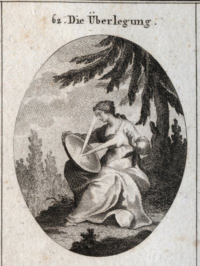 Alegoría de la reflexión. Un rayo de luz parte de su corazón, golpea el espejo en sus rodillas y refleja la luz en su frente. Grabado en “Iconologie oder Ideen aus dem Gebiete der Leidenschaften und Allegorien bildich dargestellt fur Zeichner, Mahler, Dich de Austrian School