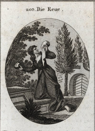 Alegoría del arrepentimiento representada con una rodilla en una tumba. Sostiene con una mano un pañuelo y con la otra una piedra con la que golpea su pecho. Grabado en “Iconologie oder Ideen aus dem Gebiete der Leidenschaften und Allegorien bildich darges de Austrian School