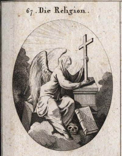 Alegoría de la religión. Un velo blanco cubre su cabeza para indicar que los misterios son impenetrables. Ella se sienta en una piedra angular y sostiene una cruz radiante sobre un altar en el fondo del cual está el libro de los 4 Evangelios. Su pie sobre  de Austrian School