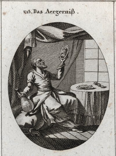 Alegoría del escándalo. Sostiene con una mano una botella y con la otra un retrato de una joven y cerca de una mesa sobre la que hay cartas y juegos. Grabado en "Iconologie oder Ideen aus dem Gebiete der Leidenschaften und Allegorien bildich dargestellt fu de Austrian School