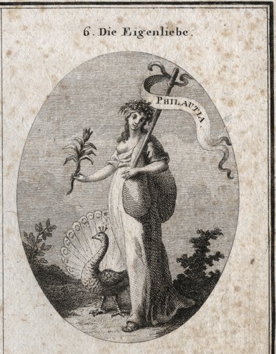 Alegoría del amor propio representada como una joven cerrando una bolsa que simboliza sus faltas con una baguette en la que está inscrita la traducción griega “Philautia”. Atributos: el pavo real haciendo la rueda y la flor de narciso. Grabado en “Iconolog de Austrian School