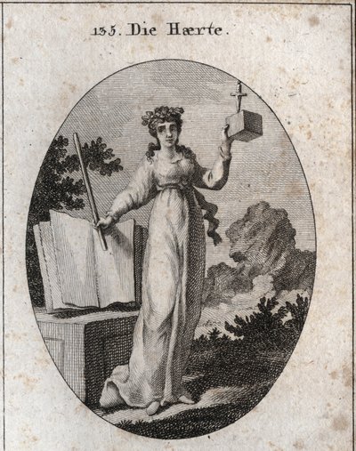 Alegoría de la severidad coronada con una rama de roble, atributo de la fuerza. Se apoya en un libro de leyes y sostiene una vara de hierro. El cubo en el que un puñal está ralentizando desea su cercanía y su inflexibilidad. Grabado en "Iconologie oder Ide de Austrian School
