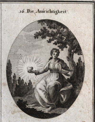 Alegoría de la sinceridad sosteniendo una paloma contra su pecho y presentando un corazón radiante. Grabado en “Iconologie oder Ideen aus dem Gebiete der Leidenschaften und Allegorien bildich dargestellt fur Zeichner, Mahler, Dichter, Gelehrte, Erzieher un de Austrian School