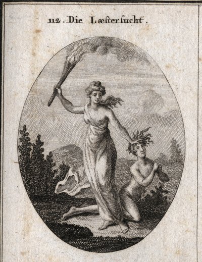 Alegoría de la calumnia sosteniendo una antorcha encendida y arrastrando sin piedad a un adolescente desnudo que junta las manos y mira al cielo. Grabado en “Iconologie oder Ideen aus dem Gebiete der Leidenschaften und Allegorien bildich dargestellt fur Ze de Austrian School