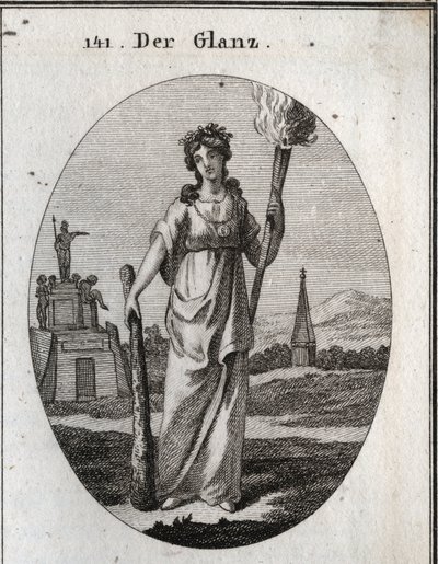 Alegoría del esplendor. El garrote en el que se apoya es el símbolo de las virtudes. La cadena y la medalla de oro son la recompensa. La antorcha encendida es luz para las bellas acciones. Grabado en “Iconologie oder Ideen aus dem Gebiete der Leidenschafte de Austrian School