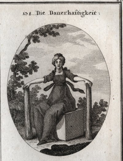 Alegoría de la estabilidad sentada en un cubo de mármol con dos pilas plomadas plantadas en la tierra. Grabado en “Iconologie oder Ideen aus dem Gebiete der Leidenschaften und Allegorien bildich dargestellt fur Zeichner, Mahler, Dichter, Gelehrte, Erzieher de Austrian School