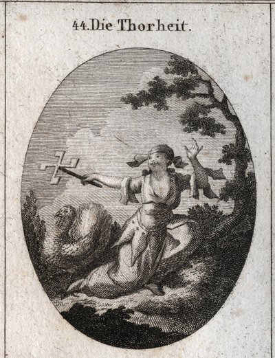 Alegoría de la estupidez personificada por una mujer ridícula que sostiene un carrete de cartas que gira con el viento y se ríe de lo que se ríe. Grabado en "Iconologie oder Ideen aus dem Gebiete der Leidenschaften und Allegorien bildich dargestellt fur Ze de Austrian School